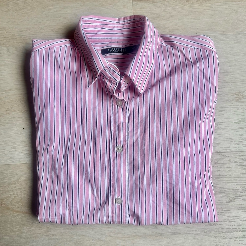 Ralph Lauren Women Pink Striped Cotton Button Down Shirt Size Petite Large